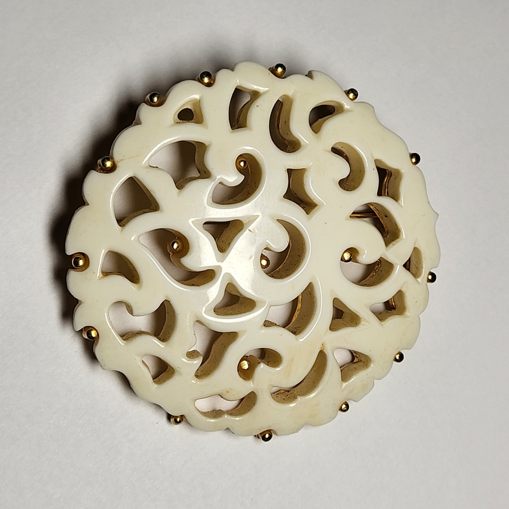 MONET Vintage, Ornate, Ivory Enamel Brooch With Gold Tone Accents And Backing